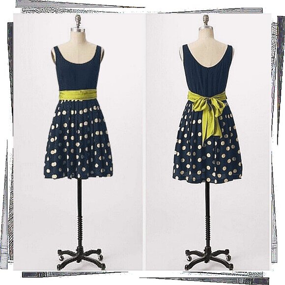 Vintage 2005 Dark Navy Dress w Cream Polka Dots, A Green Sash & Pink Lining (4) - Picture 3 of 5